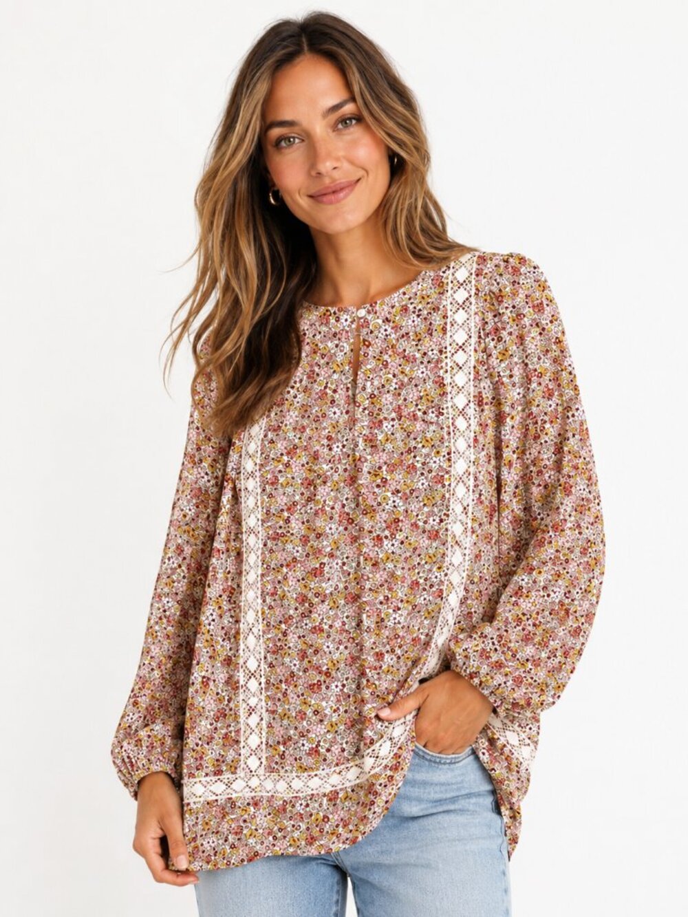 Lands' End Women's Cotton Tunic Top Ditsy Floral Long Sleeve w/ Lace Detail 2X - Picture 1 of 15
